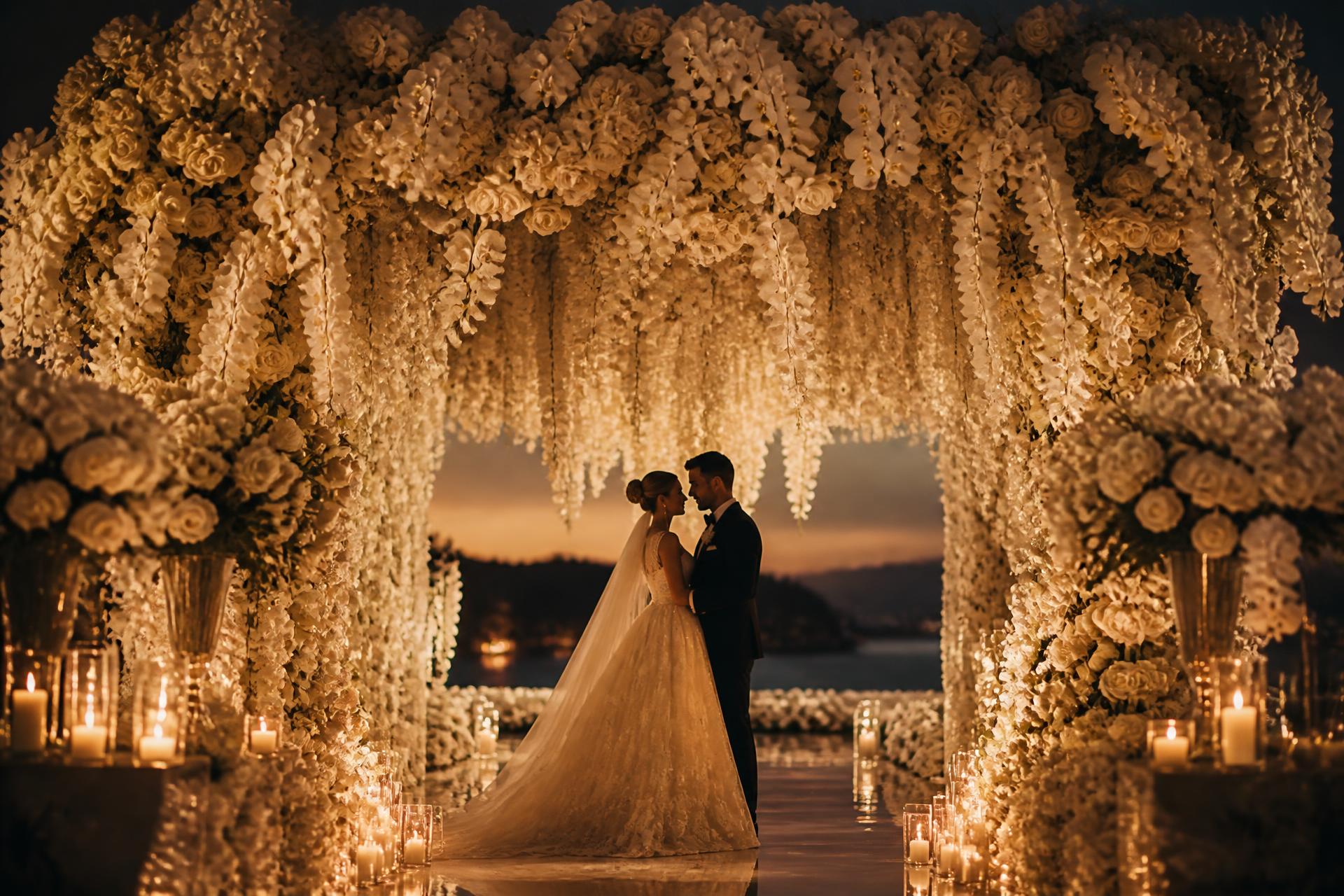 Bride and groom beneath a candlelit cascading floral arch at dusk