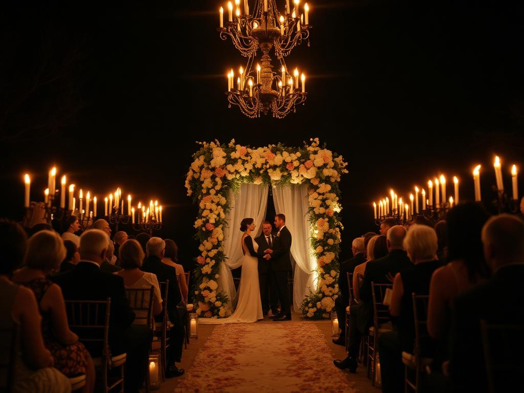 Candlelit ceremony aisle with floral canopy
