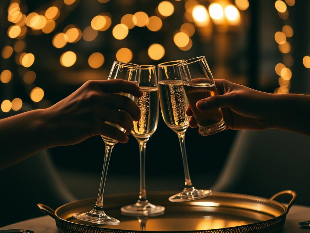 Champagne glasses toasting under warm bokeh lights