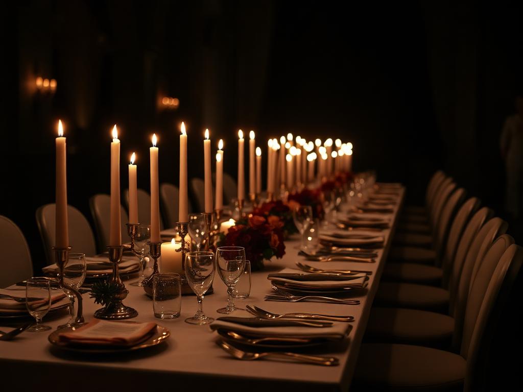 Long candlelit dinner table with gold cutlery