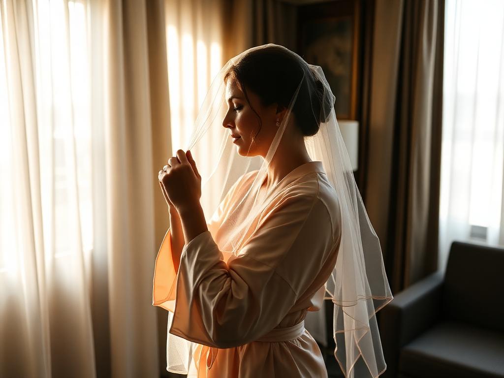 Bride adjusting her veil in morning light