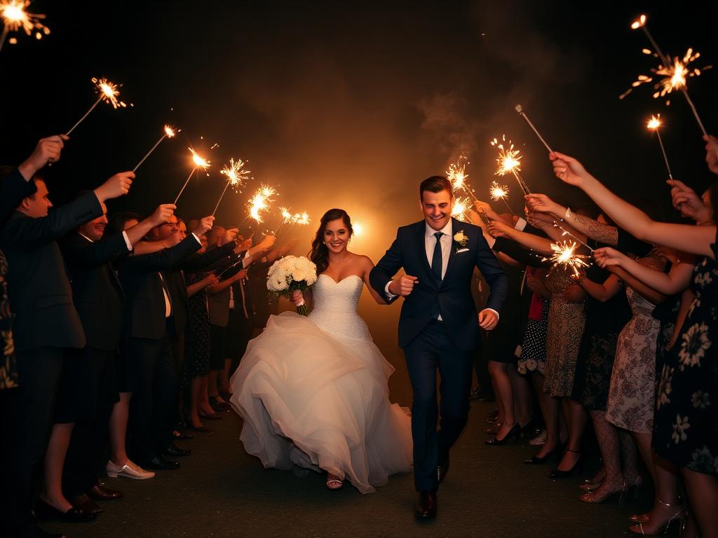 Couple running through a sparkler send-off at night