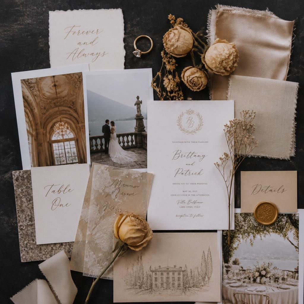 Flat lay wedding mood board with fabric swatches and invitations