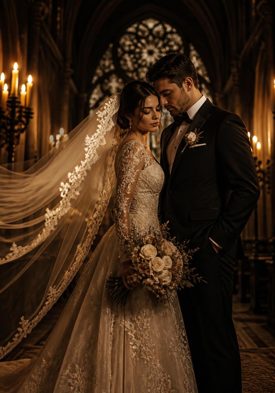 Bride and groom portrait in a candlelit cathedral