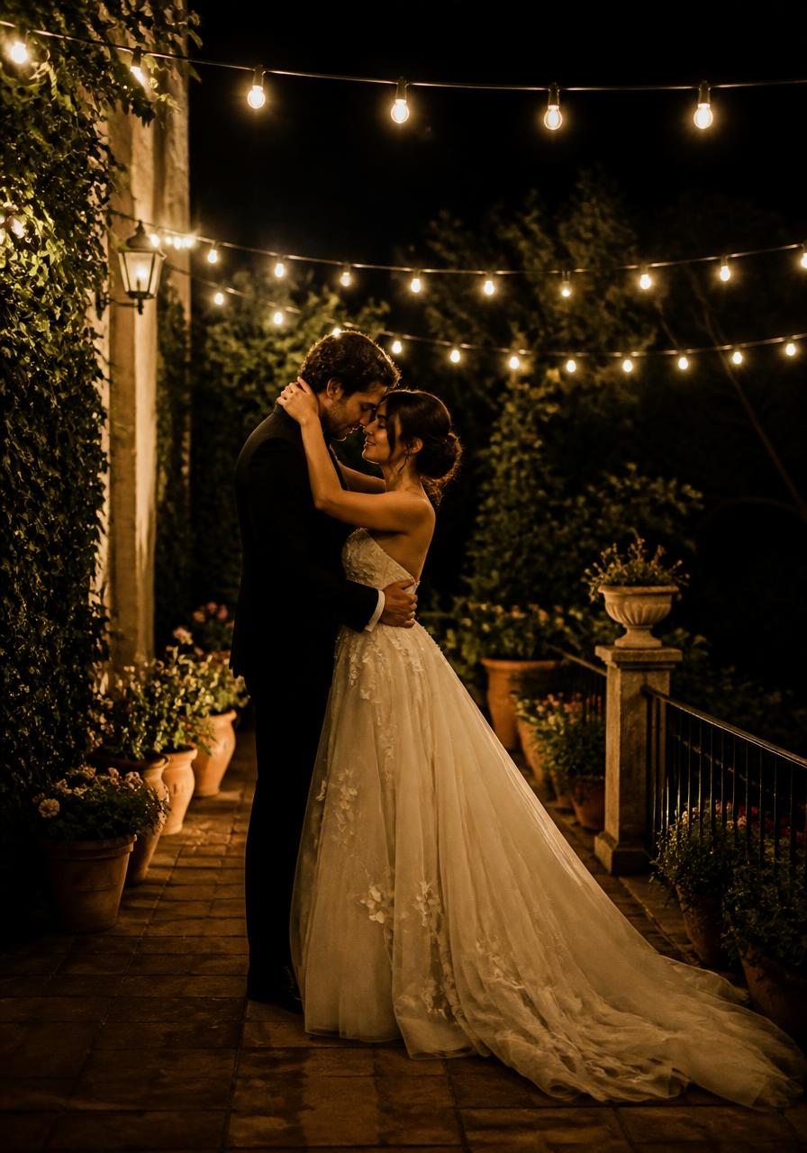 Couple embracing under garden lights