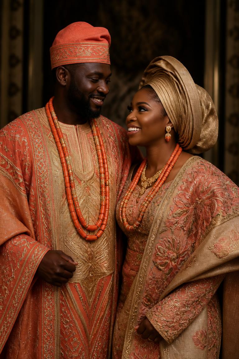 Couple in traditional gold and coral wedding attire