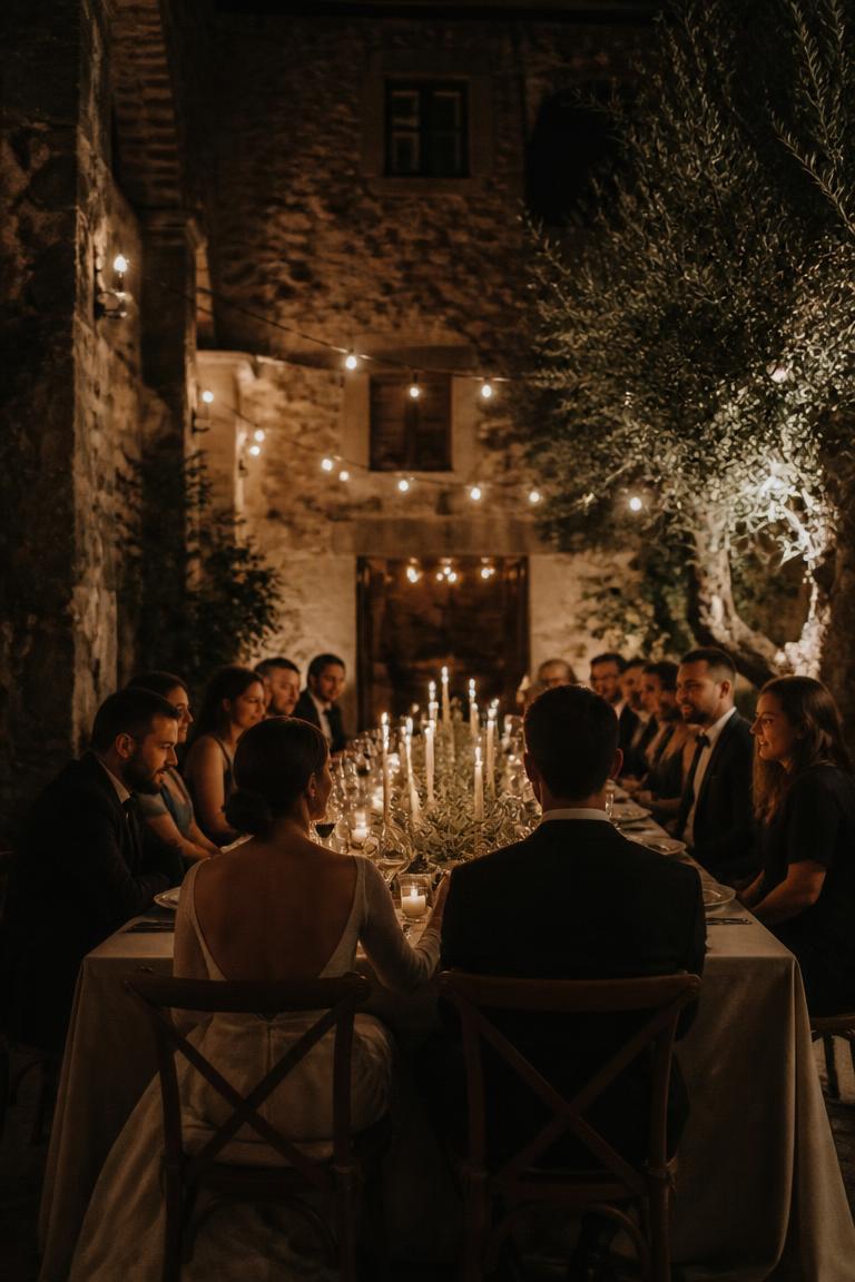 Small candlelit wedding dinner in a stone courtyard