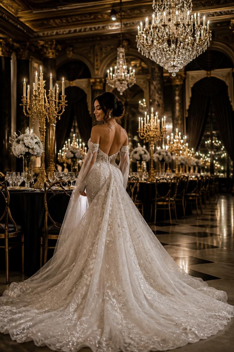 Bride in a grand chandelier-lit ballroom